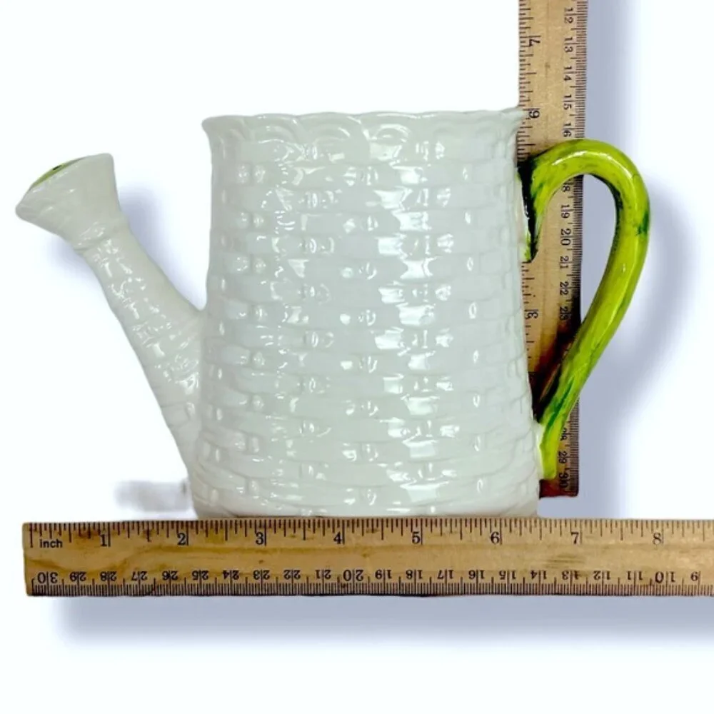 Vintage Basket Weave Ceramic Watering Can Planter Numbered Multi Use White Green
